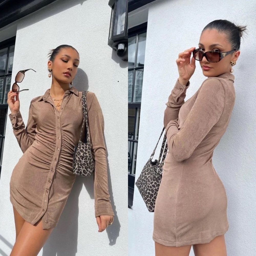 With Jean Taupe Ruched Button-Front Mini Dress - Picture 12 of 14
